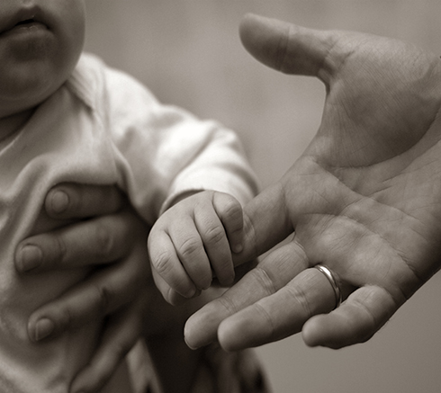 Small baby grasping its parents hand