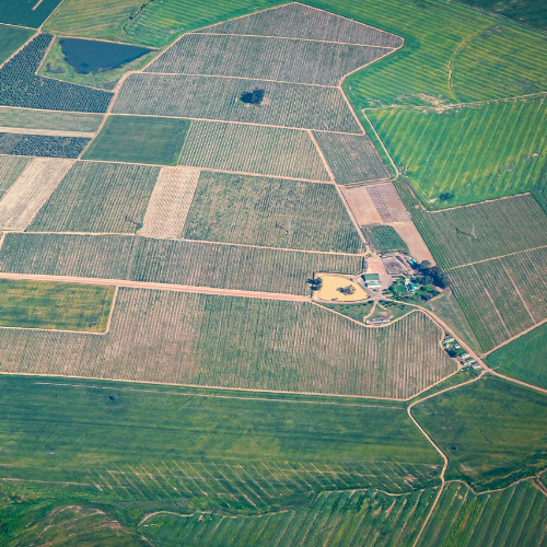 Aerial view of a farm and the surrounding fields